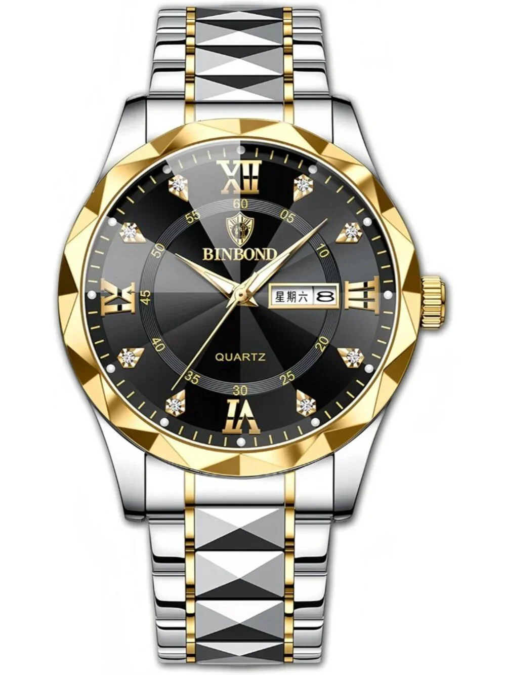 Men's Silver And Black Analog Stainless Steel Roman Numeral Diamond Luxury Watch